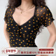 短款 上衣 复古碎花网纱V领短袖 黑色T恤女修身 Girl 自制美式
