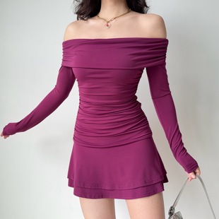 长袖 自制欧美风性感一字领连衣裙短裙女修身 a字裙 Girl