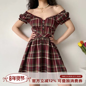 Go自制减龄可爱复古V领泡泡袖 Girl 格纹连衣裙女高腰大摆A字裙