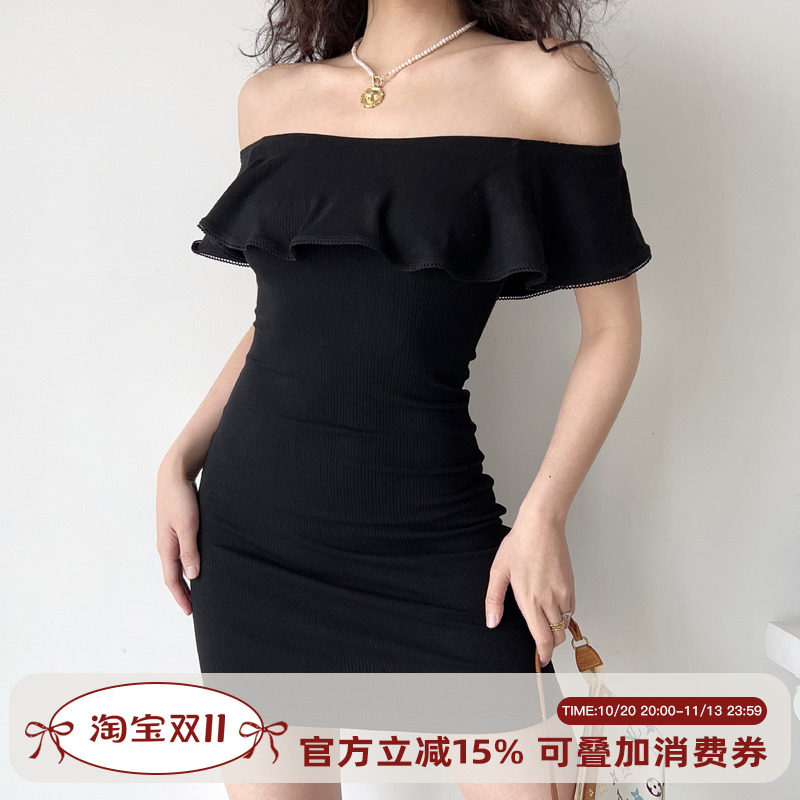 Go Girl Go 自制欧美风性感一字肩荷叶边黑色连衣裙女包臀短裙