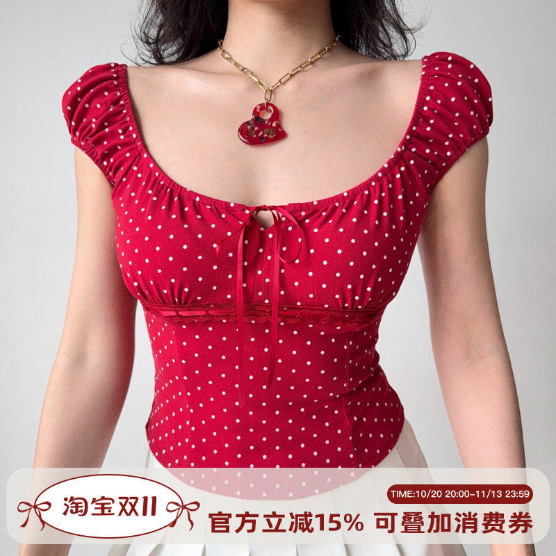Go Girl Go 自制美式复古波点U领短袖T恤女夏泡泡袖系带修身上衣