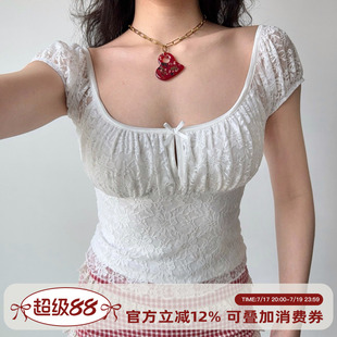 Go Girl Go 自制欧美风U领短袖白色蕾丝T恤女夏季修身短款上衣