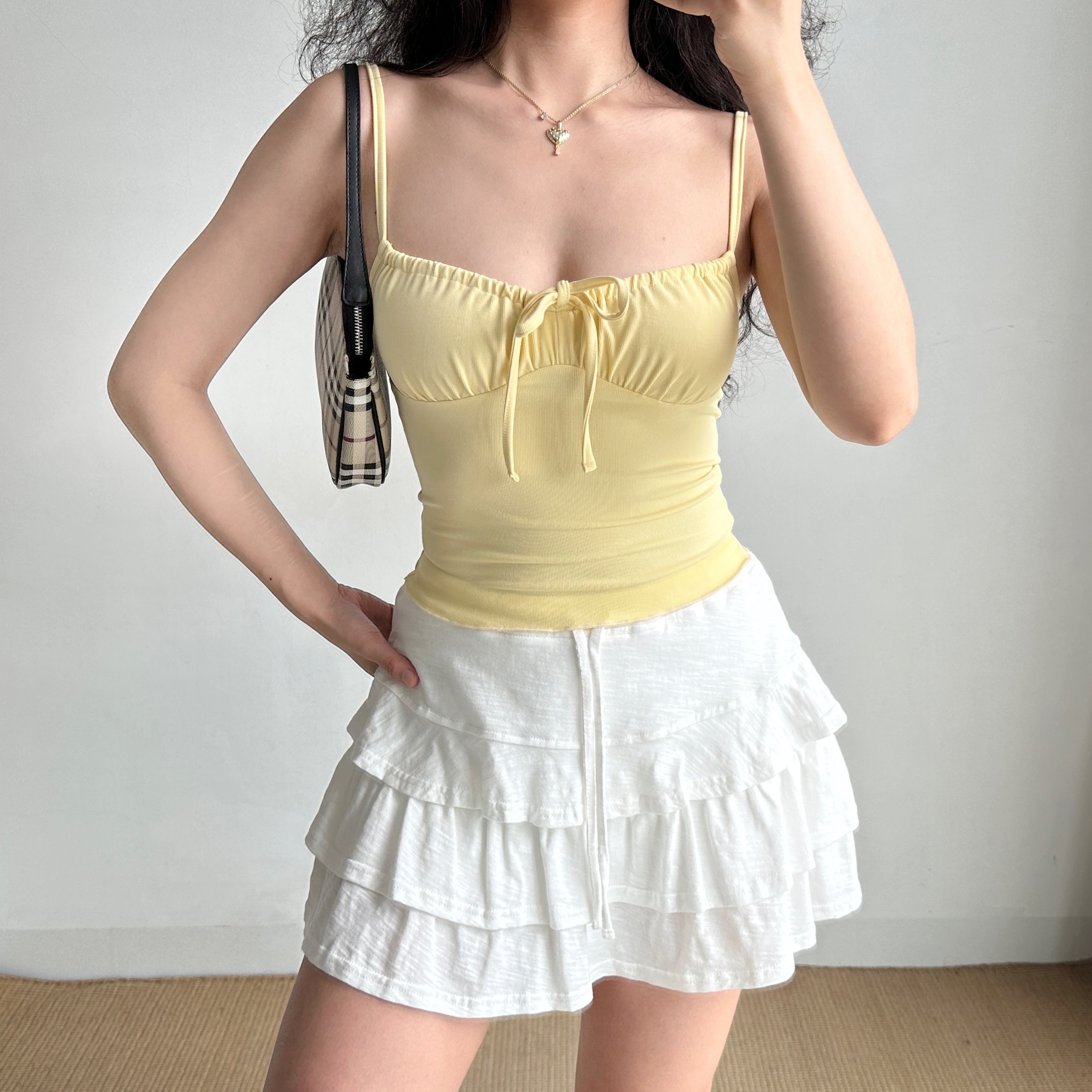 Go Girl Go自制欧美风胸前抽褶绑带吊带背心女夏修身收腰短款上衣