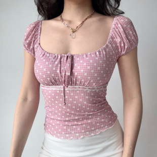 Go Girl Go 自制法式复古格子波点粉色T恤女夏修身方领泡泡袖上衣