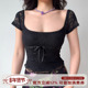 方领辣妹上衣 T恤女夏修身 Girl 自制复古欧美风黑色蕾丝短袖