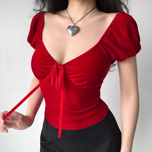 修身 T恤女泡泡袖 Go自制欧美风红色丝绒v领短袖 辣妹短上衣 Girl