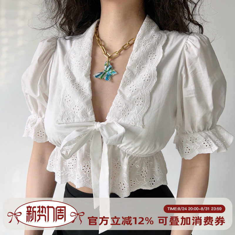 法式泡泡袖刺绣绑带白色衬衫女