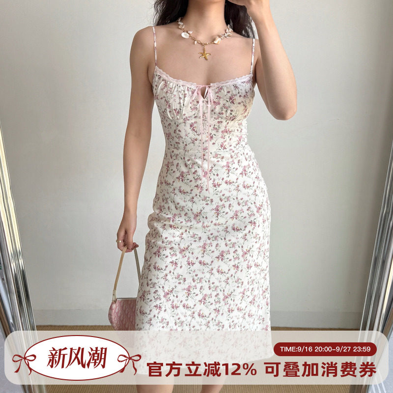 Go Girl Go 自制法式复古碎花吊带裙中长款裙子女夏修身连衣裙图片