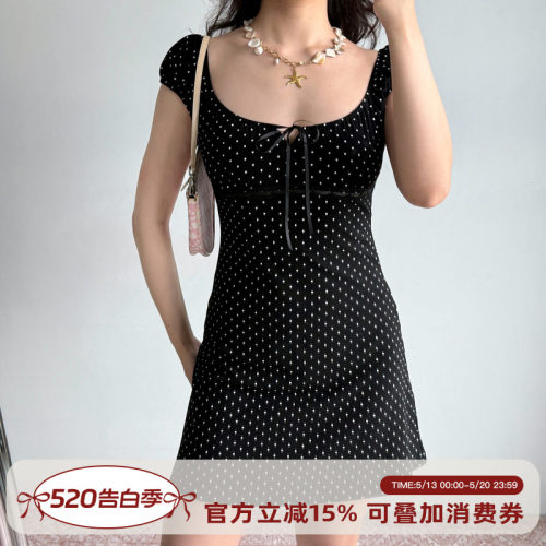 Go Girl Go 自制欧美风黑色波点U领泡泡袖连衣裙女夏季a字短裙