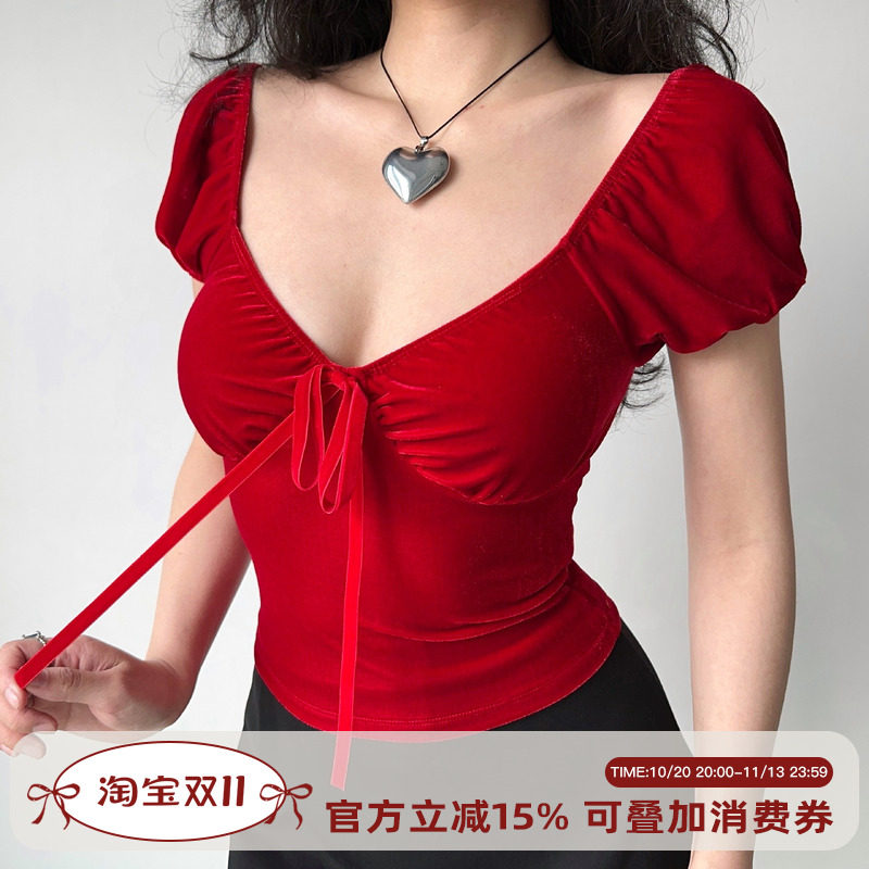 Go Girl Go自制欧美风红色丝绒v领短袖T恤女泡泡袖修身辣妹短上衣