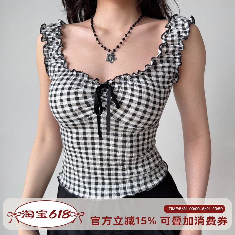 Go Girl Go 自制芭蕾风黑白格子U领无袖背心女外穿修身短款上衣