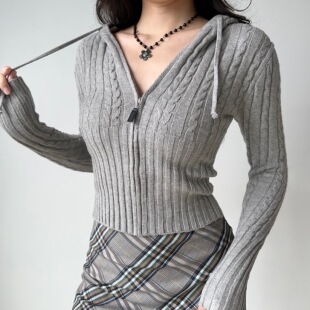 Girl 复古连帽长袖 美式 女辣妹上衣 麻花收腰显瘦针织衫 开衫