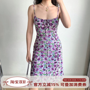 Go Girl Go 自制法式复古紫色郁金香印花吊带裙修身连衣裙中长款