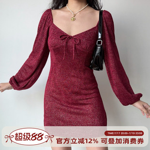 Go Girl Go 圣诞限定/自制复古欧美风细闪红色连衣裙女灯笼袖短裙