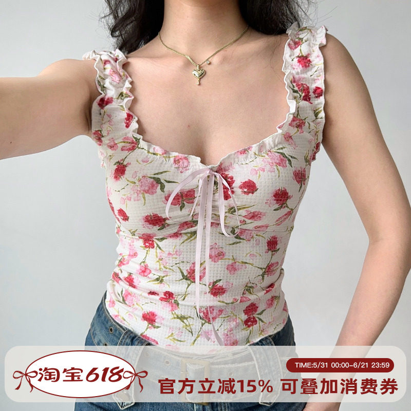 Go Girl Go 自制欧美风木耳边印花无袖背心修身短款辣妹上衣女夏