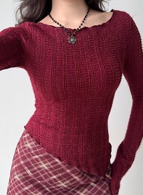 Go Girl Go 自制美式复古红色针织衫女不规则下摆修身打底上衣