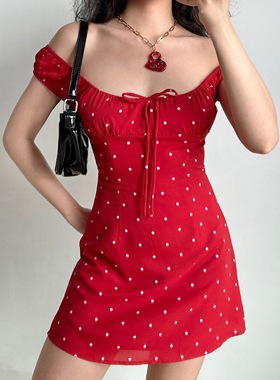 Go Girl Go自制欧美花朵波点胸前绑带红色连衣裙a字修身辣妹短裙