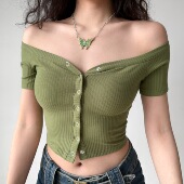 一字领短袖 T恤女弹力高腰露脐上衣 Girl 欧美修身 清仓