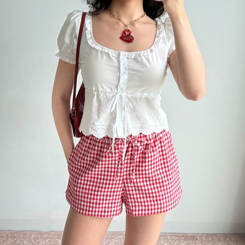 Go Girl Go 自制美式复古松紧腰抽绳格纹短裤女夏宽松休闲直筒裤