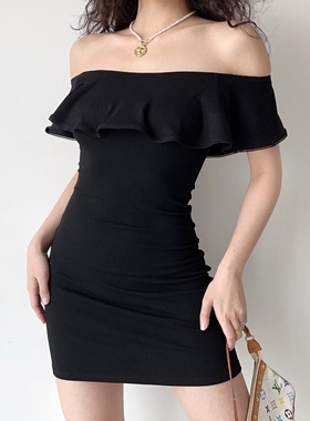 Go Girl Go 自制欧美风性感一字肩荷叶边黑色连衣裙女包臀短裙