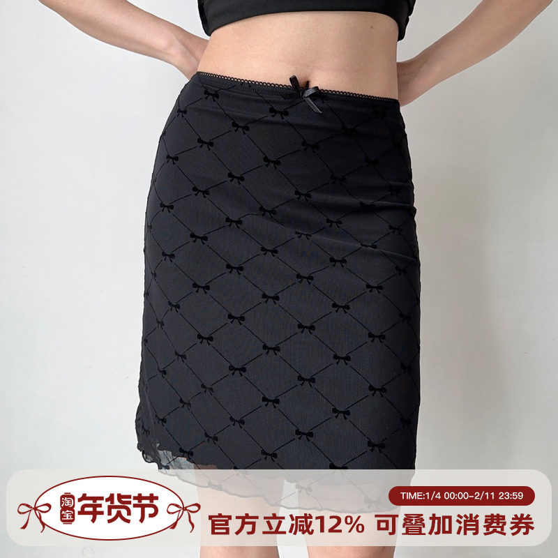 Go Girl Go 自制欧美风蝴蝶结格子半身裙a字修身中腰包臀网纱短裙