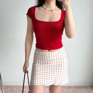 T恤女修身 Girl 自制欧美风简约方领正肩短袖 辣妹上衣 短款