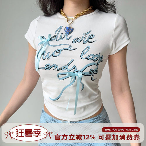Go Girl Go 自制欧美风蝴蝶结白色正肩短袖T恤女夏季收腰修身上衣