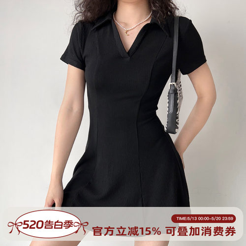 欧美风翻领短袖连衣裙