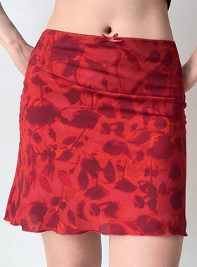 Go Girl Go 自制美式复古红色印花半身裙女夏包臀短裙