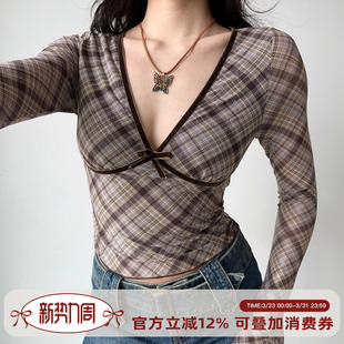 内搭短款 格纹T恤女修身 自制欧美风复古深V领长袖 上衣 Girl