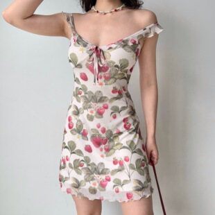 复古荷叶边草莓印花吊带裙修身 Girl 自制美式 a字短裙女夏季