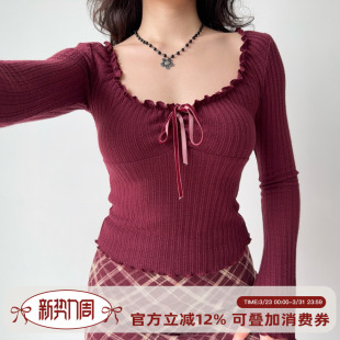 Girl 打底衫 自制芭蕾风系带U领长袖 修身 甜辣上衣 T恤女秋季