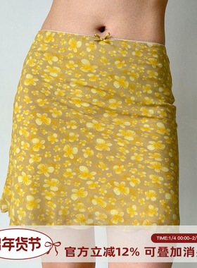 Go Girl Go 自制美式复古黄色蝴蝶印花短裙女夏季a字半身裙