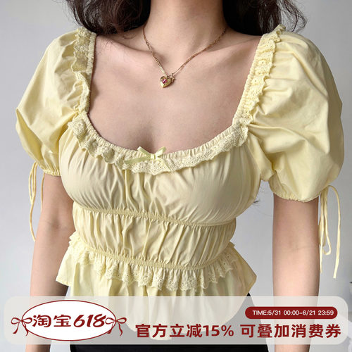 法式复古高腰短款泡泡袖衬衫