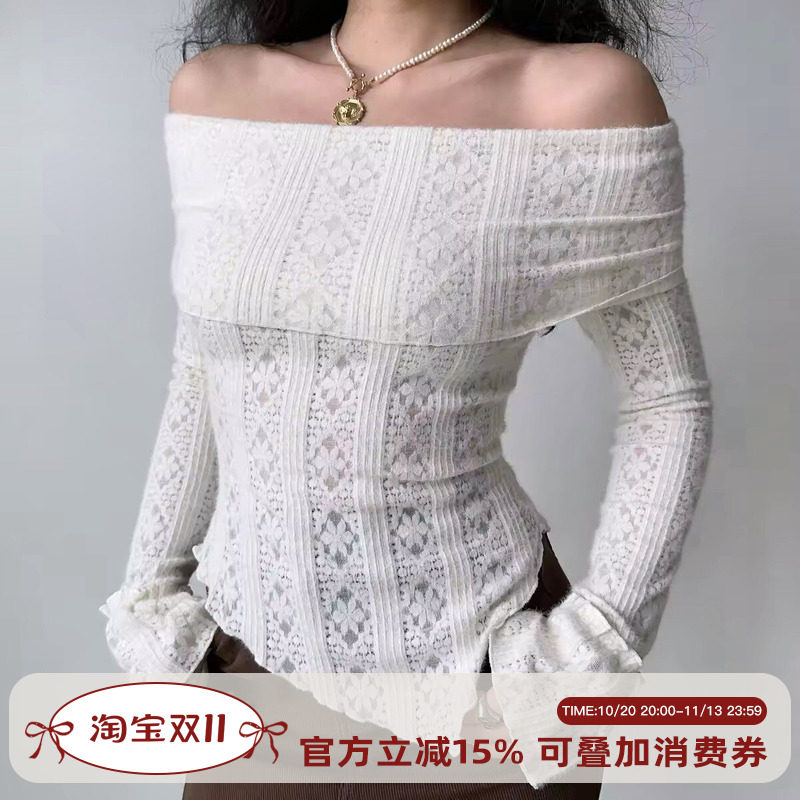 Go Girl Go 自制欧美风提花镂空一字肩针织长袖T恤女修身辣妹上衣