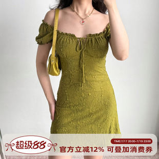Go Girl Go 自制美式复古绿色提花方领泡泡袖连衣裙修身A字短裙夏