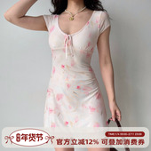 Girl 自制欧美风U领短袖 系带印花网纱连衣裙女夏季 修身 短裙