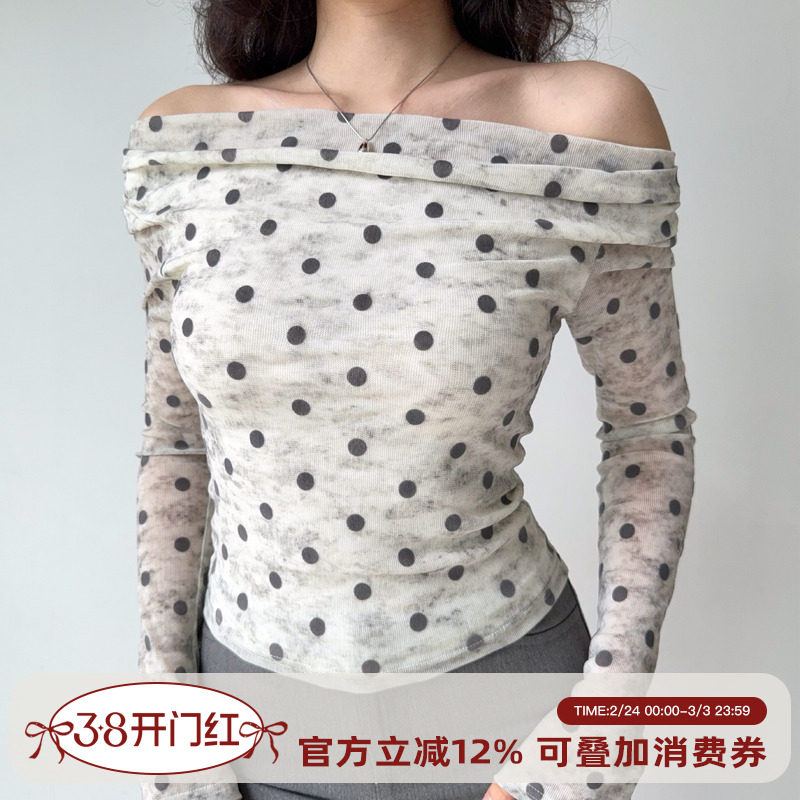 Go Girl Go 自制法式波点性感一字肩上衣早秋长袖T恤女修身