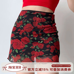 Go Girl Go 自制复古欧美玫瑰印花网纱半身裙高腰包臀短裙女A字裙