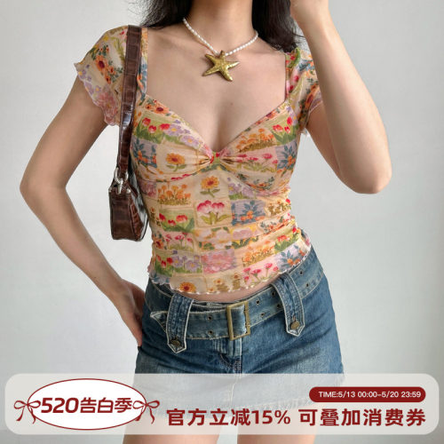 Go Girl Go自制欧美风油画花卉印花v领T恤女夏季花边网纱短袖上衣