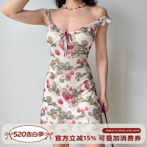 Go Girl Go 自制美式复古荷叶边草莓印花吊带裙修身a字短裙女夏季