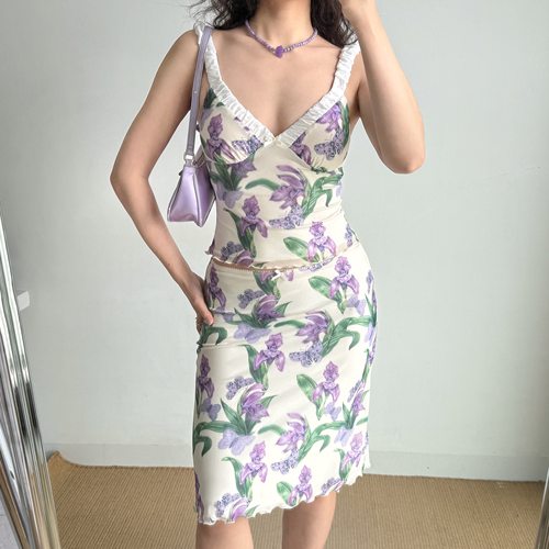 Go Girl Go 自制欧美风v领印花吊带+包臀半身裙纯欲套装女两件套