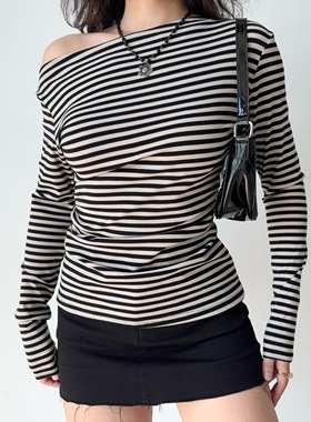Go Girl Go 自制欧美风条纹T恤斜肩上衣女修身长袖打底衫辣妹上衣