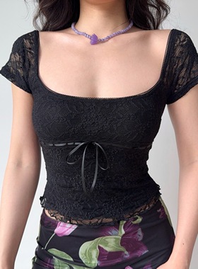 Go Girl Go 自制复古欧美风黑色蕾丝短袖T恤女夏修身方领辣妹上衣