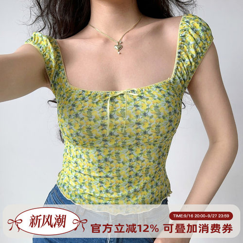 Go Girl Go 自制欧美复古水果满印方领短款T恤女夏修身泡泡袖短袖