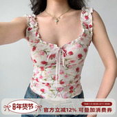 辣妹上衣女夏季 背心修身 短款 Girl 欧美风木耳边印花无袖