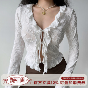 Girl 开衫 自制欧美风v领木耳花边绑带衬衫 长袖 短上衣 女修身