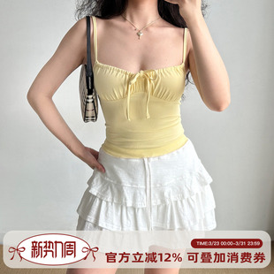 收腰短款 Go自制欧美风胸前抽褶绑带吊带背心女夏修身 上衣 Girl