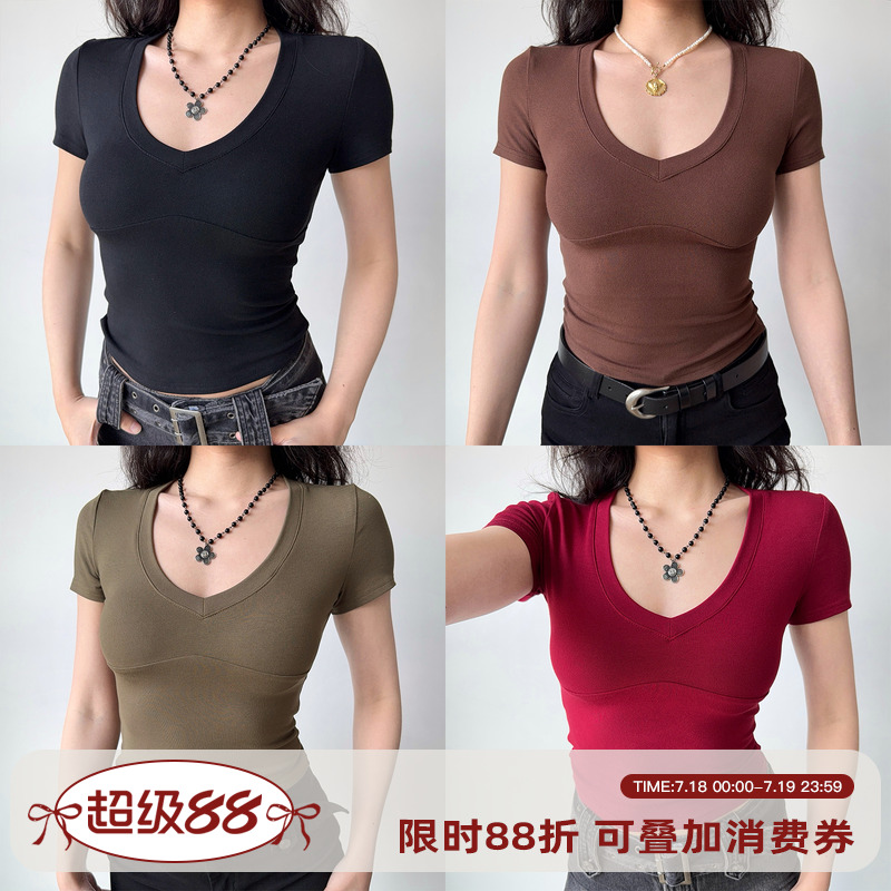 GoGirlGo欧美纯色v领短袖T恤女