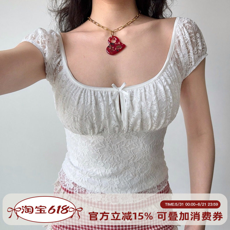 Go Girl Go 自制欧美风U领短袖白色蕾丝T恤女夏季修身短款上衣
